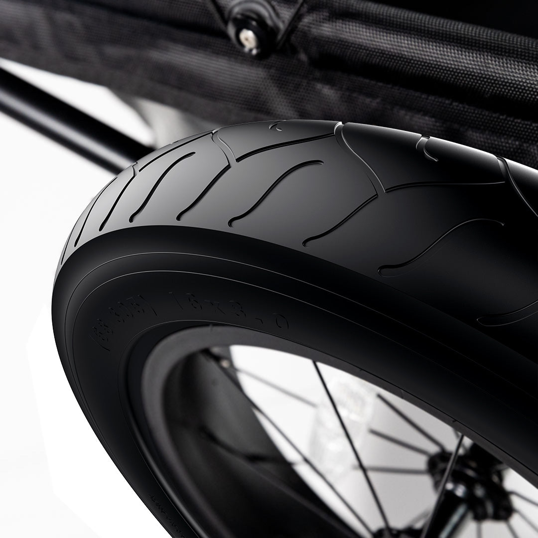 Close-up image of the tires on the Earth+Kin ebike trailer 