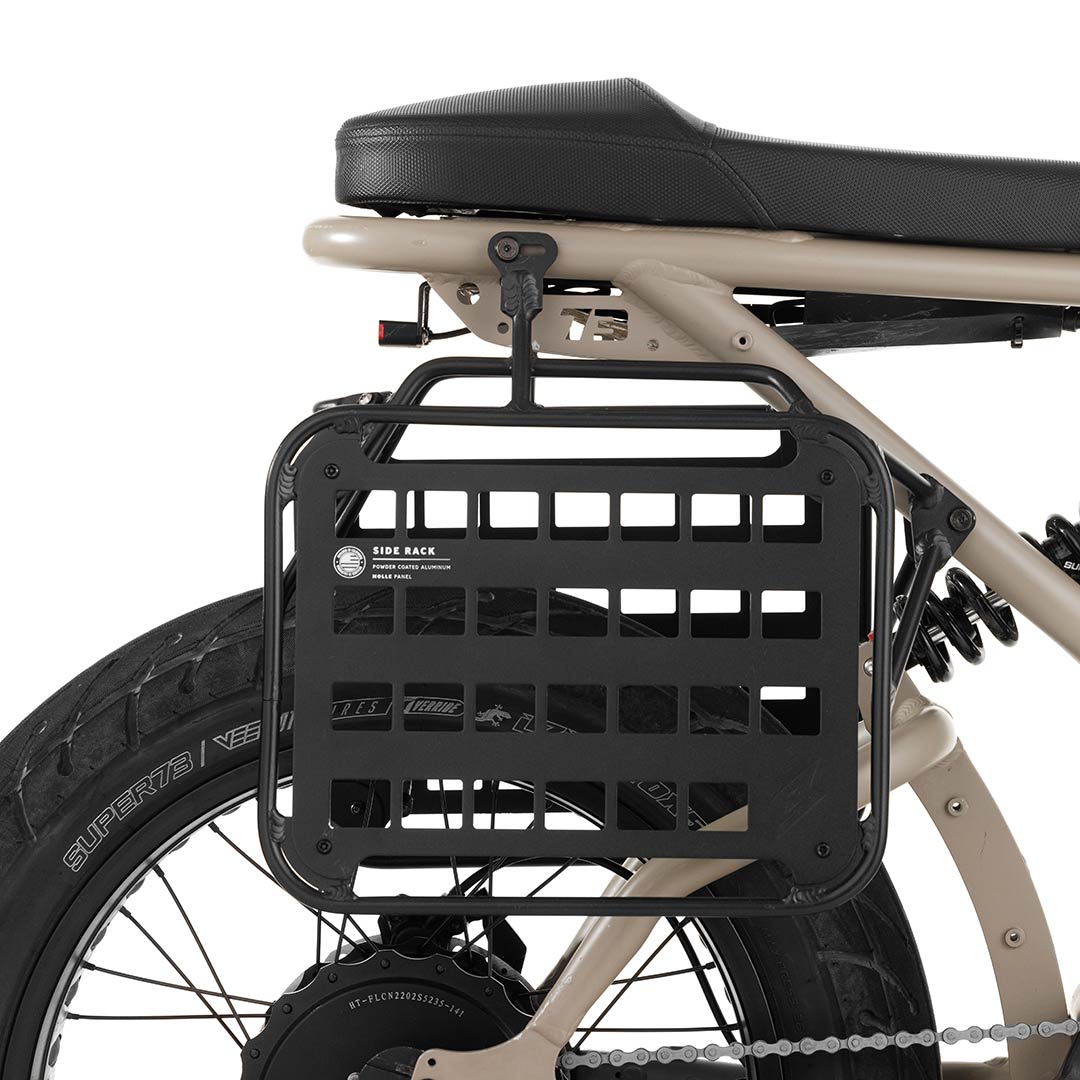 Side profile product image of the R Series Side Rack on bike.