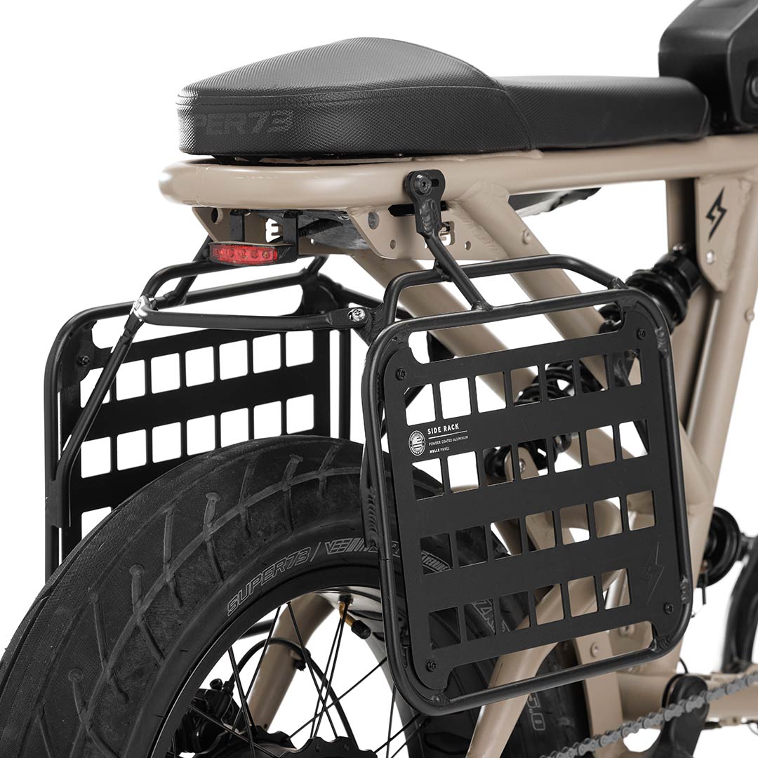 Close up angle view product image of the R Series Side Rack on bike.