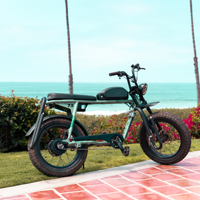 A SUPER73-S2 Laguna sits parked on a grassy area near the beach. A MBB Dual Sport Surf Rack is installed on the bike.