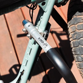 Close-up of the front bar of the MBB Dual Sport Surf Rack, installed on a SUPER73-S2 Laguna ebike.