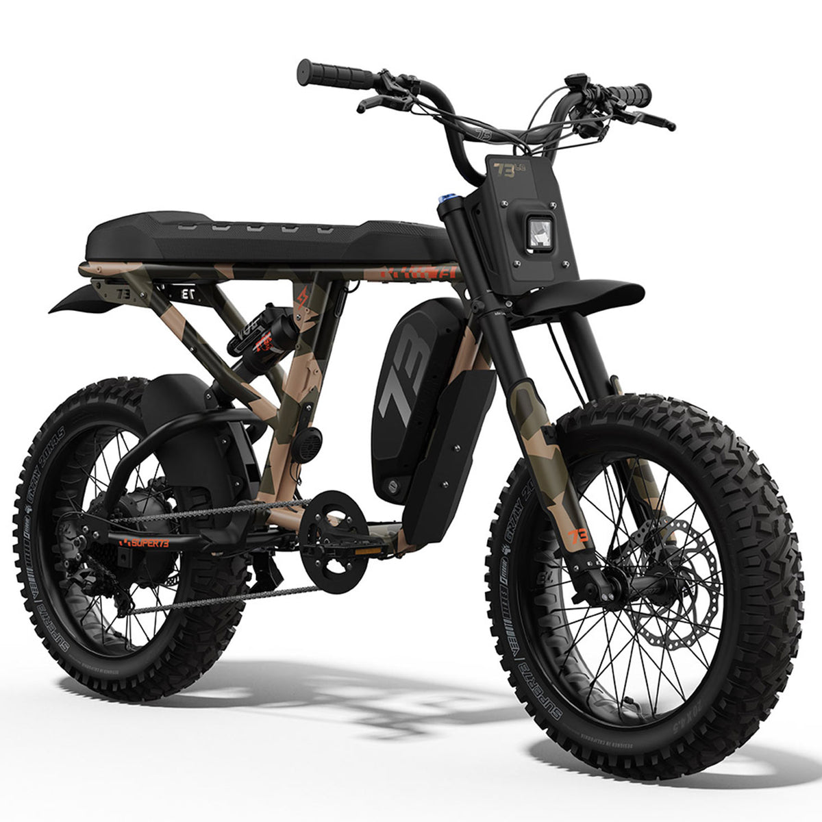 Front view of the SUPER73-R Adventure LE ebike in Timberstrike. @color_timberstrike