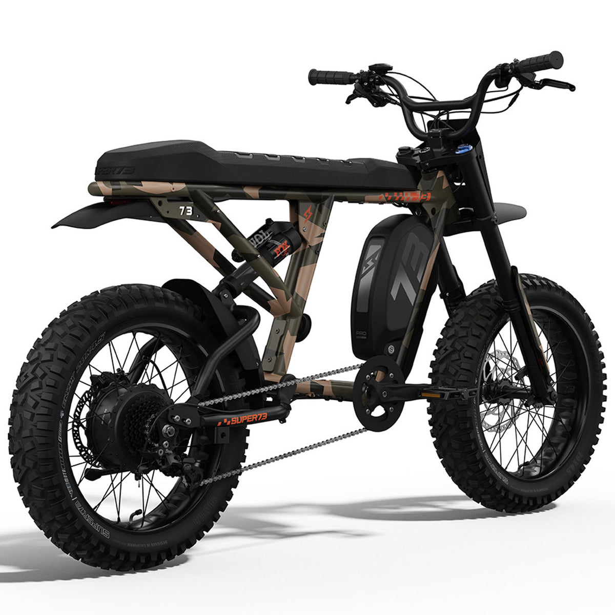 Rear view of the SUPER73-R Adventure LE ebike in Timberstrike. @color_timberstrike