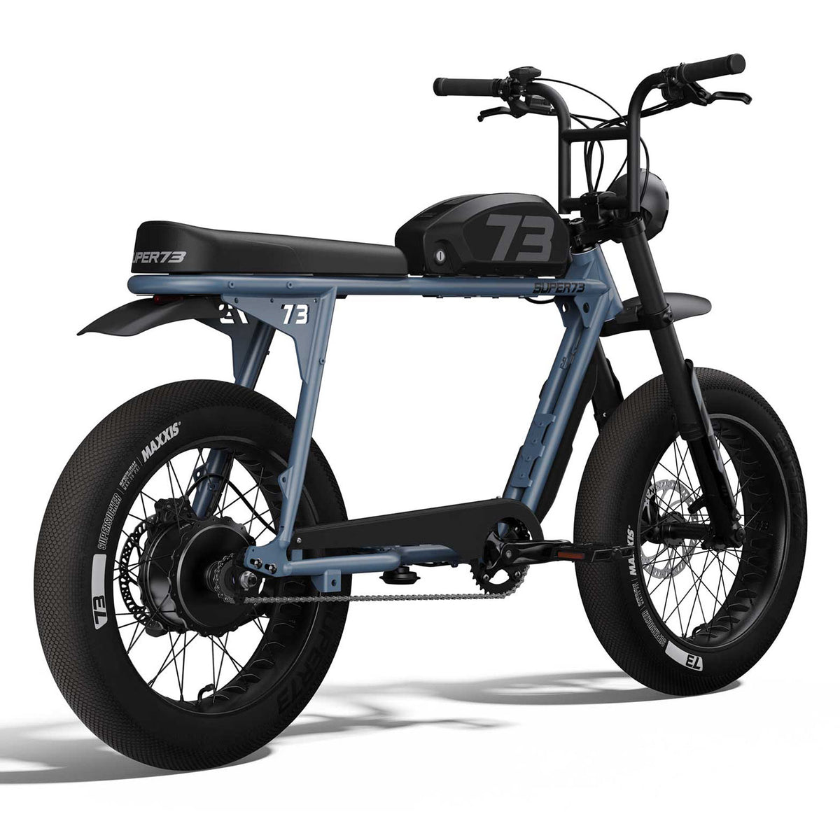 Rear view of the SUPER73-S2 SE ebike in Panthro Blue with a black seat. @color_panthro blue (black seat)