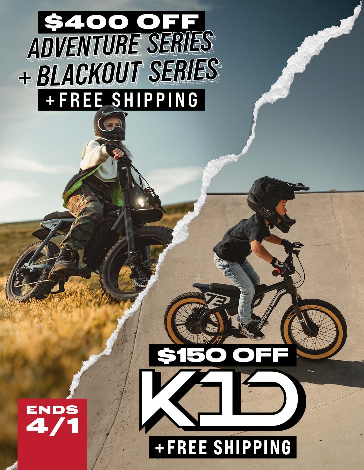 Promotional graphic showing $400 off Adventure and Blackout Series bikes plus $150 off K1D and free shipping