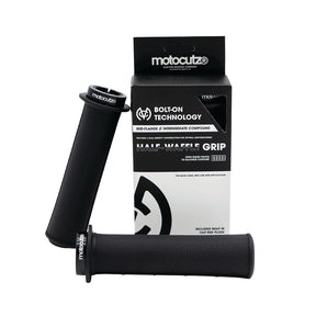 MotoCutz Mid Flange Bolt-On Grips in Black with packaging.