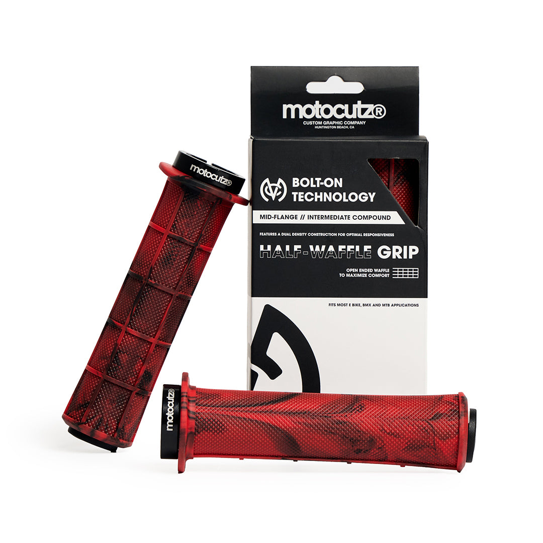 MotoCutz Mid Flange Bolt-On Grips in Red Dye with packaging.