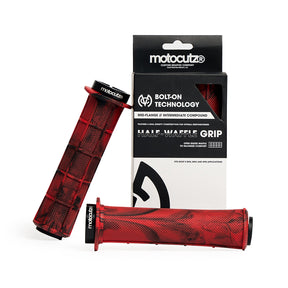 MotoCutz Mid Flange Bolt-On Grips in Red Dye with packaging.