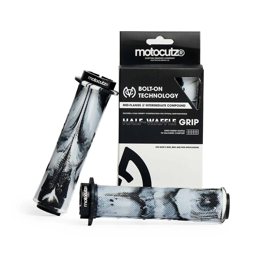 MotoCutz Mid Flange Bolt-On Grips in White Dye with packaging.