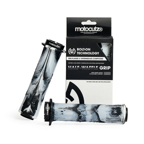 MotoCutz Mid Flange Bolt-On Grips in White Dye with packaging.