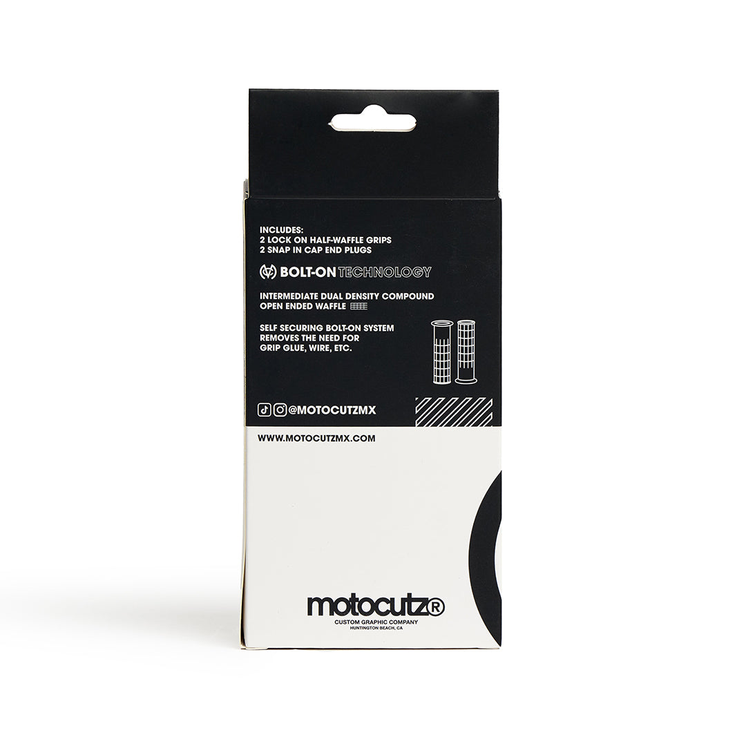 Back side of the packaging for the MotoCutz Mid Flange Bolt-On Grips in White Dye