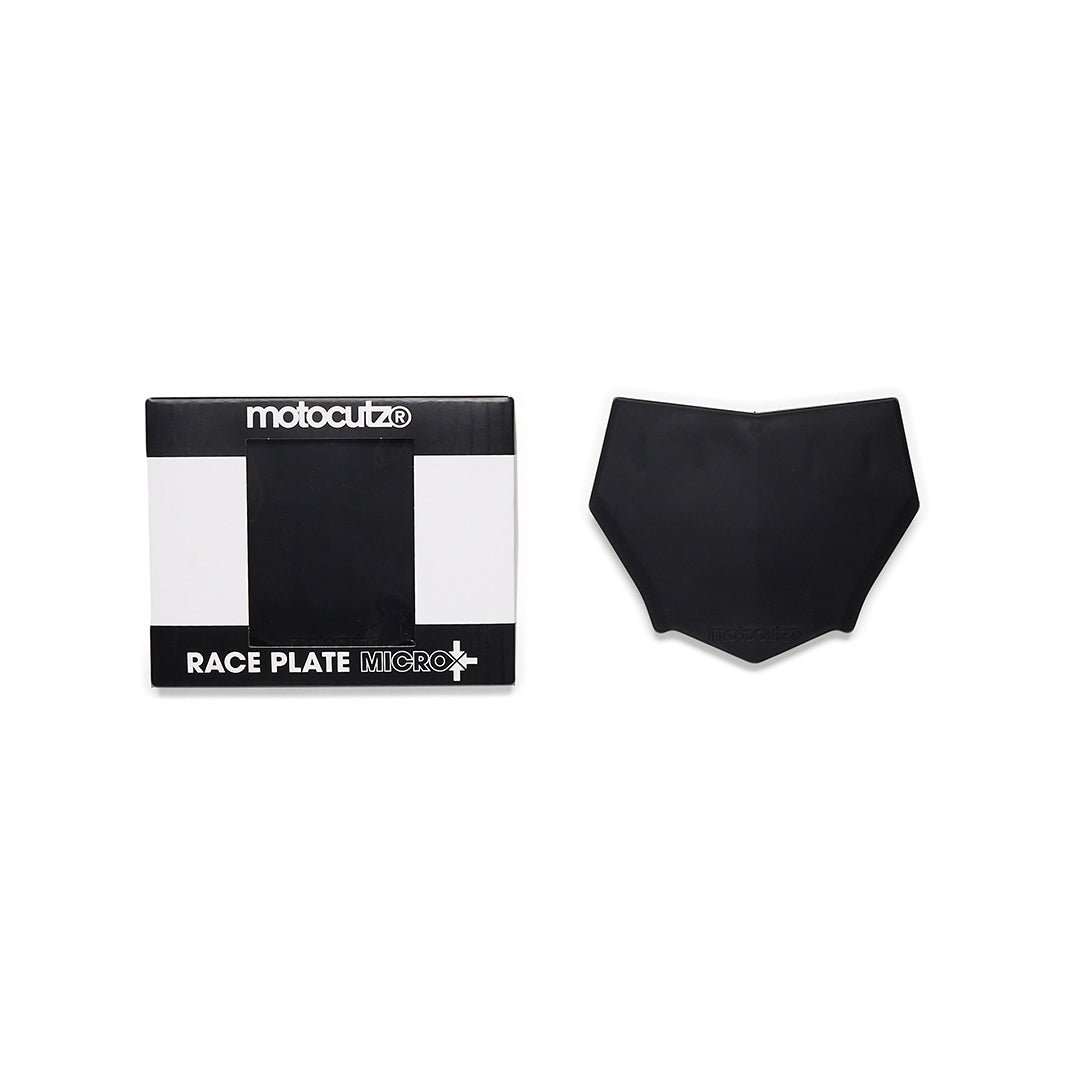 Full front view of the MotoCutz Micro Race Plate in Black with packaging