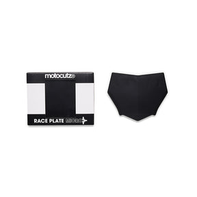 Full front view of the MotoCutz Micro Race Plate in Black with packaging