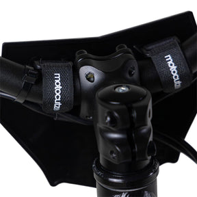 Back side view of the MotoCutz Micro Race Plate in Black installed on handlebars