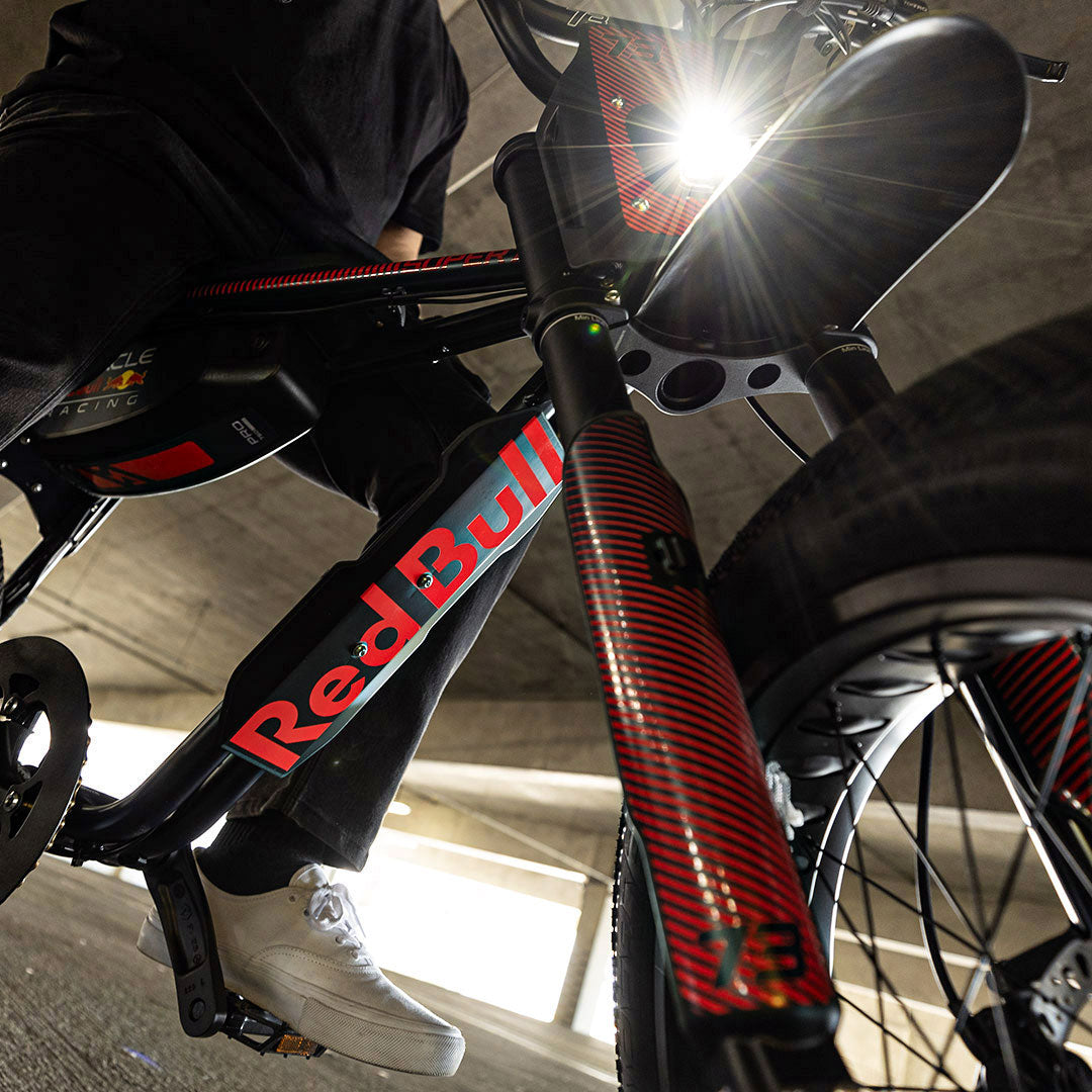 Lifestyle image showing the custom branded decals on the Oracle Red Bull Racing x SUPER73 Z Adventure Series ebike