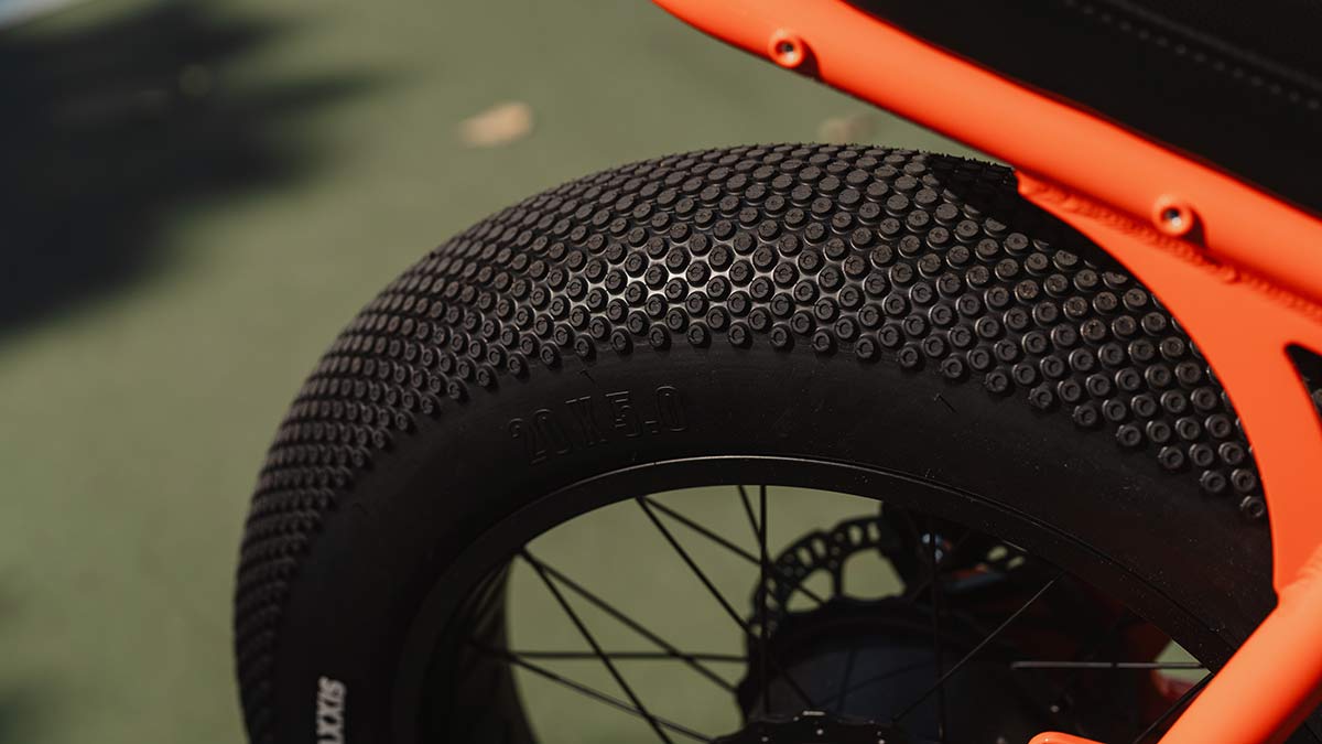 Close-up image of the rear SuperSucker tire on the SUPER73-Z Miami SE bike.