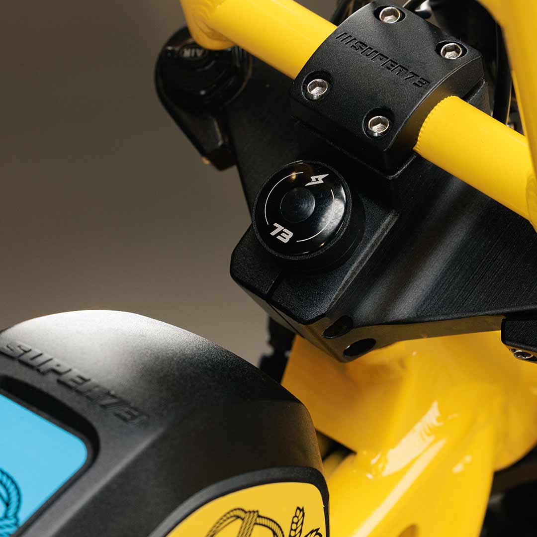 Close-up photo of Pacifico x SUPER73-S2 bike headset cap.