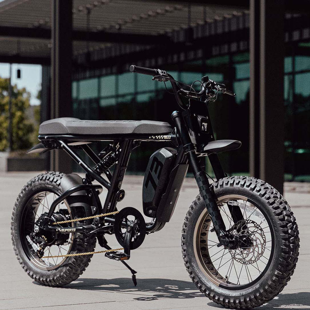 Lifestyle image of a parked SUPER73-R Adventure SE ebike in Bandit