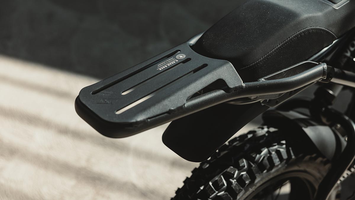 Detail shot of a rear rack on the SUPER73-R Adventure Blackout SE ebike.