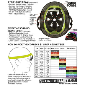 S1 Mega Lifer Helmet size chart and measuring instructions.