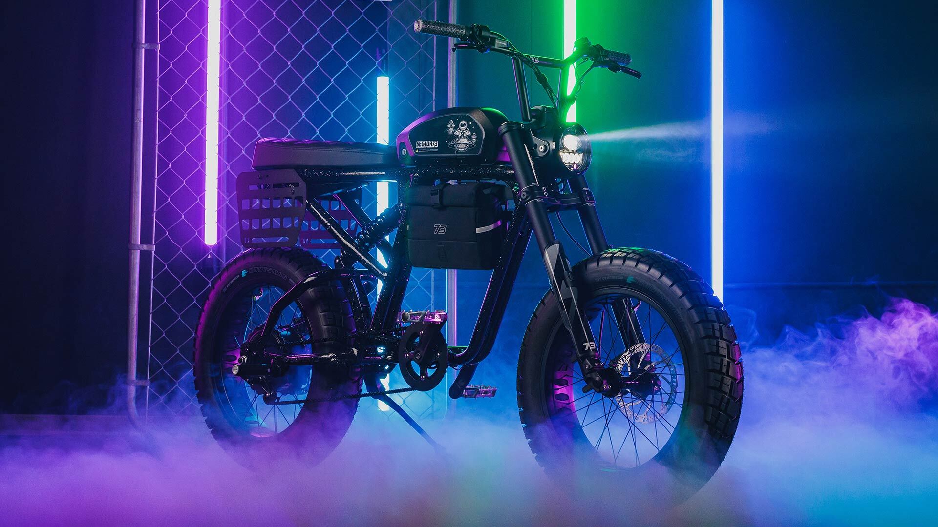The SUPER73-R Brooklyn Cosmic Dust exclusive ebike on a purple background