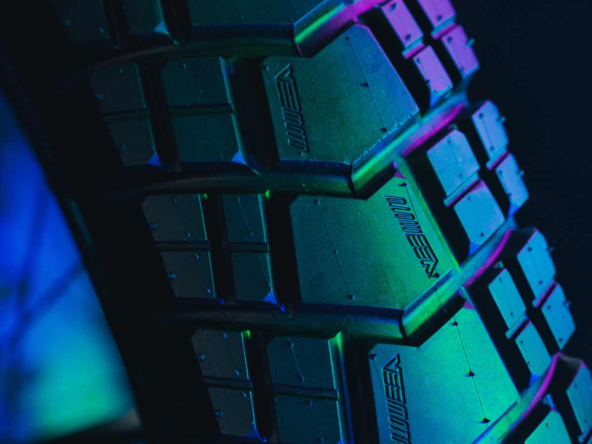 Closeup shot of the custom tires showcasing their tread
