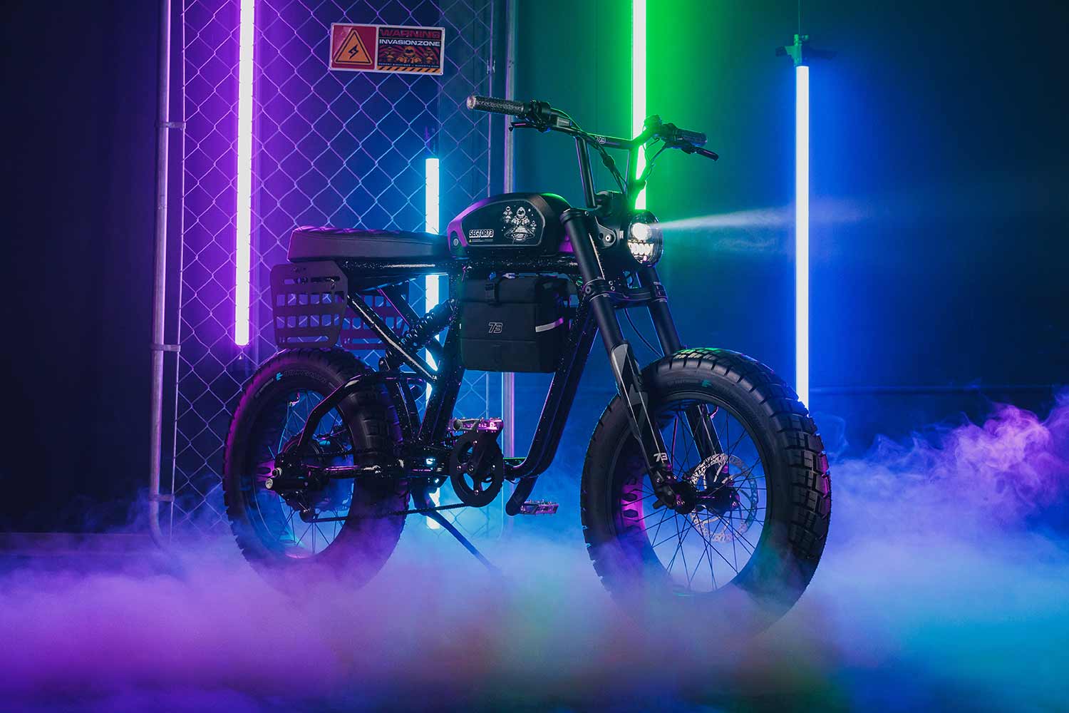 The SUPER73-R Brooklyn Cosmic Dust custom exclusive bike on a purple background