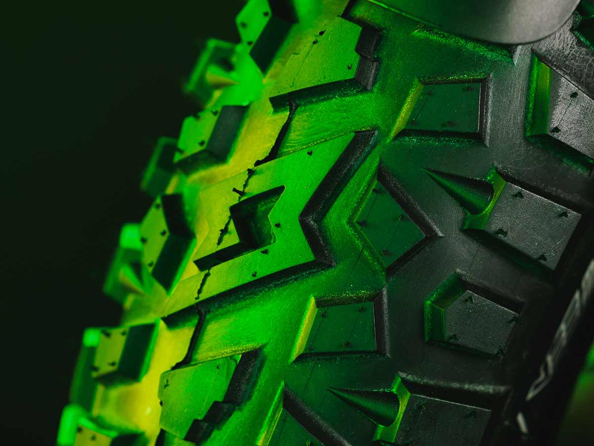 Closeup shot of the aggressive tread on the GRZLY tires