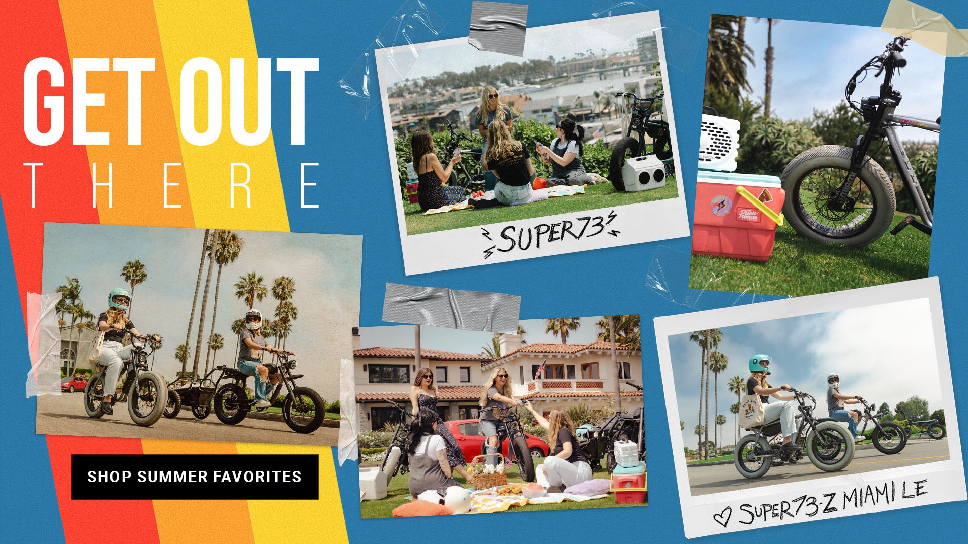 Summer Campaign imagery featuring lifestyle imagery of several SUPER73 ebike models.
