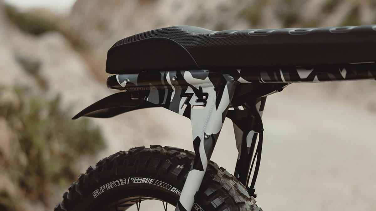 Closeup of the Super73 S Adventure ebike in Snowshadow showing the hydro dip process