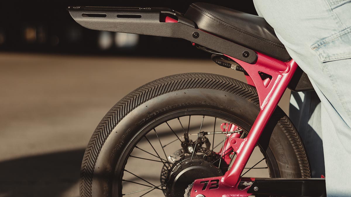 Closeup of the Super73 Z Miami ebike trooper tires showing the tread