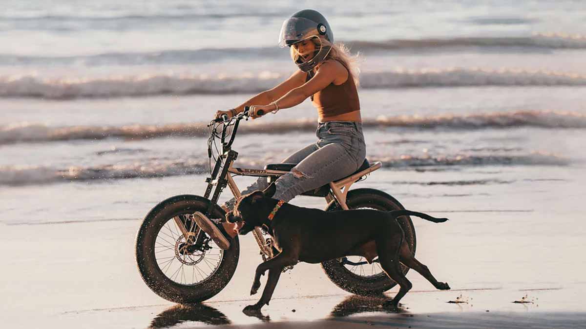 A Super73 Z Miami ebike cruising down the sand with a dog running alongside