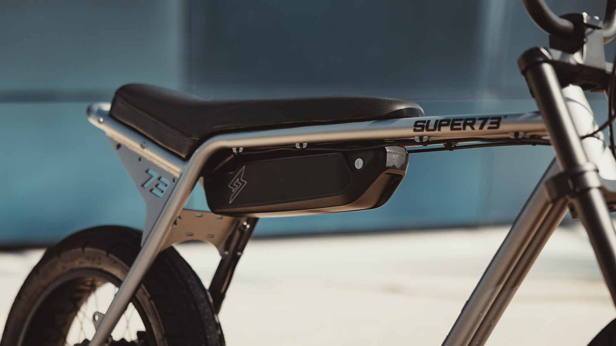 Closeup of the Super73-ZX ebike removable battery