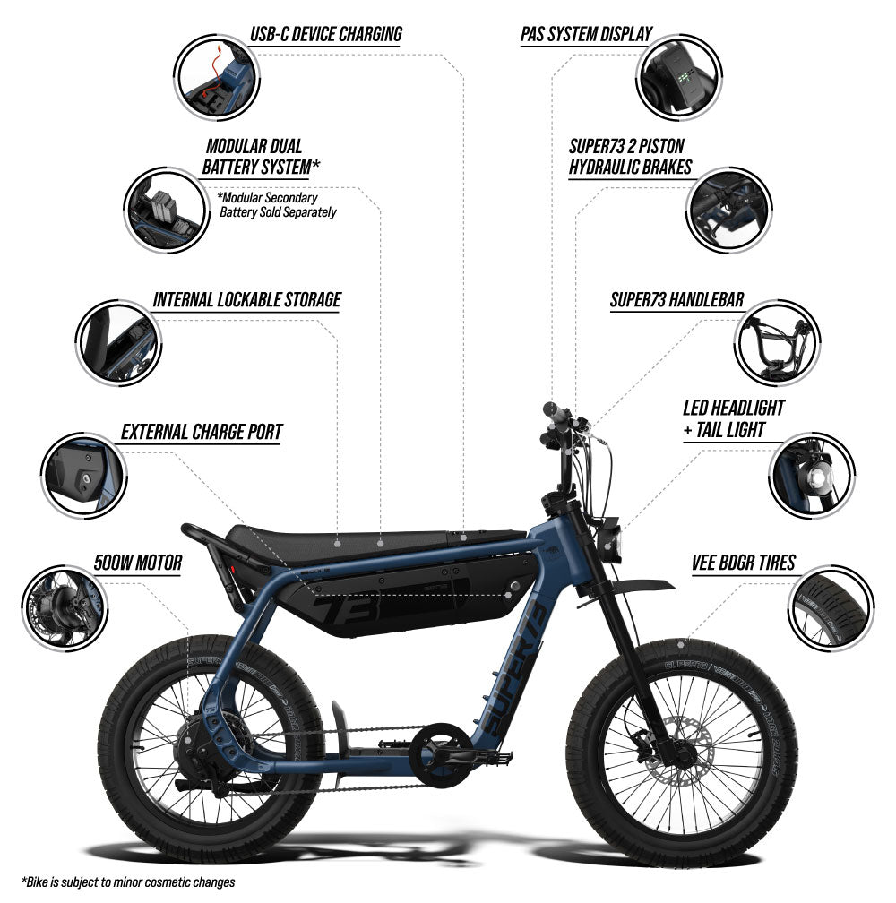 Mobile view of an infographic highlighting several details of the SUPER73-B1G ebike such as:

500W motor
External charge port
Internal lockable storage
Modular dual battery system (secondary battery sold separately)
USB-C device charging
PAS System Display
SUPER73 2 Piston Hydraulic Brakes
SUPER73 Handlebar
LED headlight + tail light
Vee BDGR tires