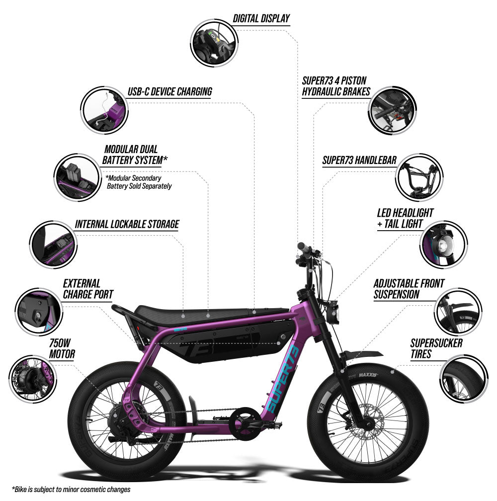 Desktop view of an infographic highlighting several details of the SUPER73-B1G SE ebike such as:

750W motor
External charge port
Internal lockable storage
Modular dual battery system (secondary battery sold separately)
USB-C device charging
PAS Digital Display
SUPER73 4 Piston Hydraulic Brakes
SUPER73 Handlebar
LED headlight + tail light
Adjustable front Suspension
MAXXIS SuperSucker tires