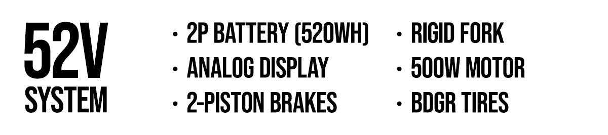 SUPER73-M1D Core Callouts:
2P Battery (520Wh)
Analog Display
2-Piston Brakes
Rigid Fork
500W Motor
BDGR Tires