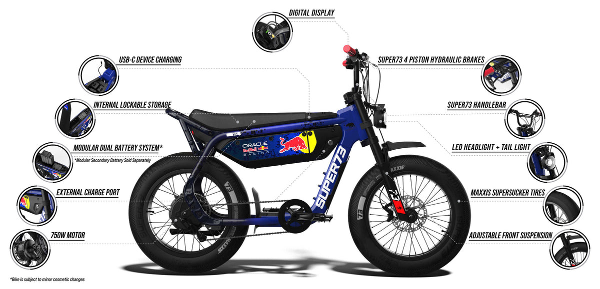 Desktop view of an infographic highlighting several details of the SUPER73 x Oracle Red Bull Racing M1D SE ebike such as:

750W motor
External charge port
Modular dual battery system (secondary battery sold separately)
Internal lockable storage
USB-C device charging
PAS Digital Display
SUPER73 4 Piston Hydraulic Brakes
SUPER73 Handlebar
LED headlight + tail light
MAXXIS SuperSucker tires
Adjustable front Suspension