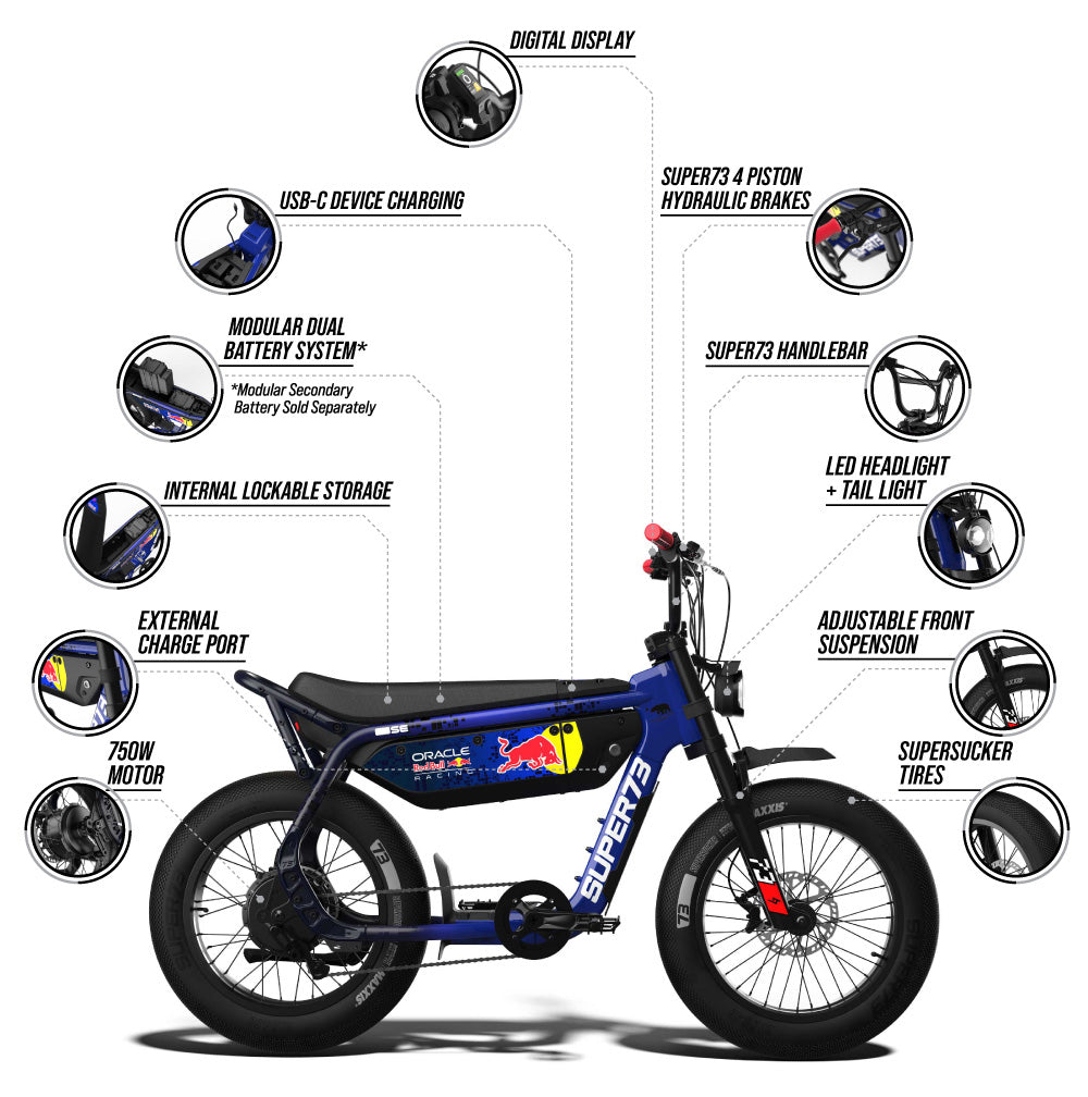Mobile view of an infographic highlighting several details of the SUPER73-M1D SE ebike such as:

750W motor
External charge port
Internal lockable storage
Modular dual battery system (secondary battery sold separately)
USB-C device charging
PAS Digital Display
SUPER73 4 Piston Hydraulic Brakes
SUPER73 Handlebar
LED headlight + tail light
Adjustable front Suspension
MAXXIS SuperSucker tires