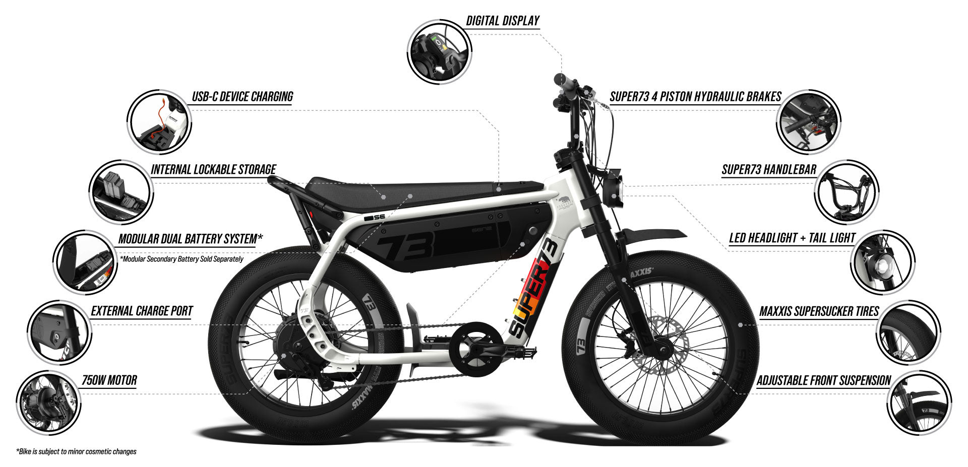 Desktop view of an infographic highlighting several details of the SUPER73-M1D SE ebike such as:

750W motor
External charge port
Modular dual battery system (secondary battery sold separately)
Internal lockable storage
USB-C device charging
PAS Digital Display
SUPER73 4 Piston Hydraulic Brakes
SUPER73 Handlebar
LED headlight + tail light
MAXXIS SuperSucker tires
Adjustable front Suspension