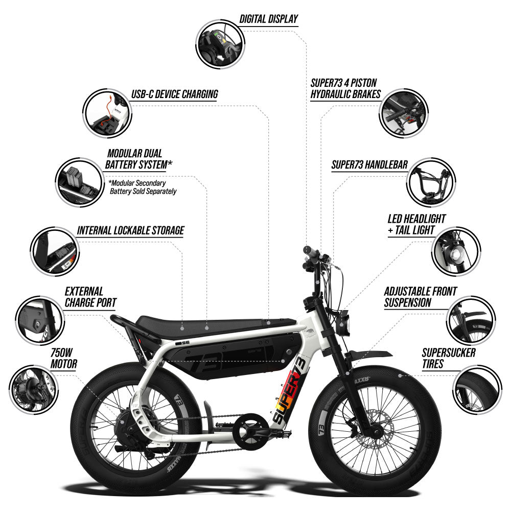 Mobile view of an infographic highlighting several details of the SUPER73-M1D SE ebike such as:

750W motor
External charge port
Internal lockable storage
Modular dual battery system (secondary battery sold separately)
USB-C device charging
PAS Digital Display
SUPER73 4 Piston Hydraulic Brakes
SUPER73 Handlebar
LED headlight + tail light
Adjustable front Suspension
MAXXIS SuperSucker tires