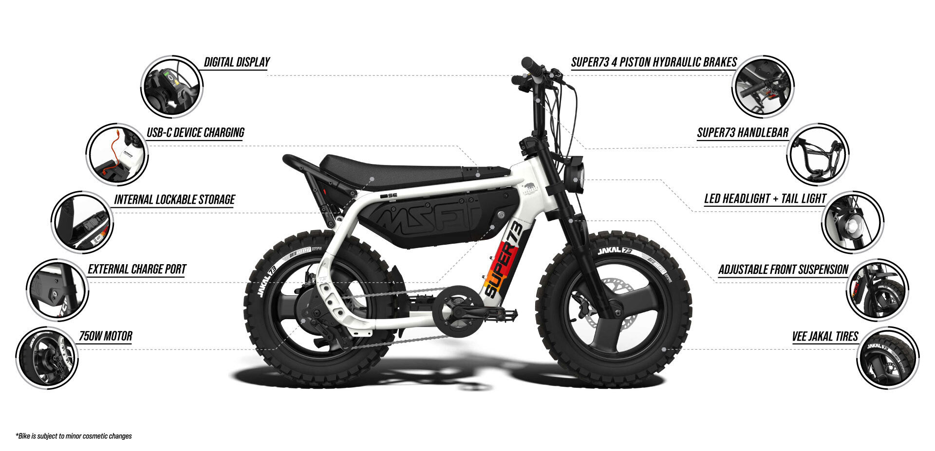 Desktop view of an infographic highlighting several details of the SUPER73-MZFT SE ebike such as:

750W motor
External charge port
Internal lockable storage
USB-C device charging
Digital Display
SUPER73 4 Piston Hydraulic Brakes
SUPER73 Handlebar
LED headlight + tail light
Adjustable front Suspension
Vee JAKAL tires