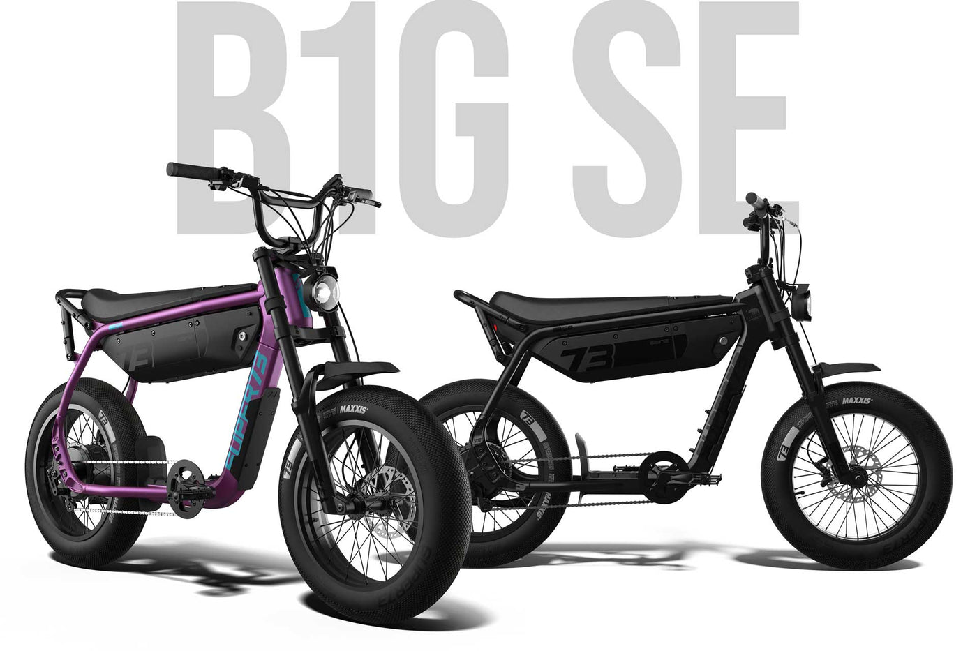 Profile views of the SUPER73-B1G SE in Cullenberry (left) and Blackout (right) against a white background.