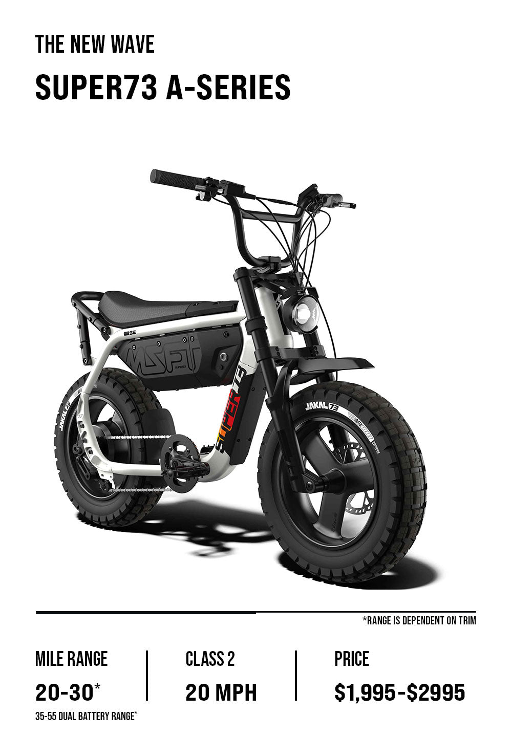 A-Series overview graphic which lists details including price range, top speed, and battery range. Featuring the MZFT SE in Baja.