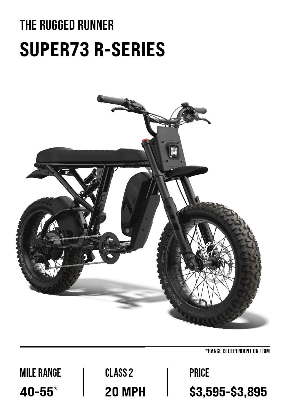 R-Series overview graphic which lists details like price range, top speed, and battery range. Featuring the R Adventure Series SE in Blackout