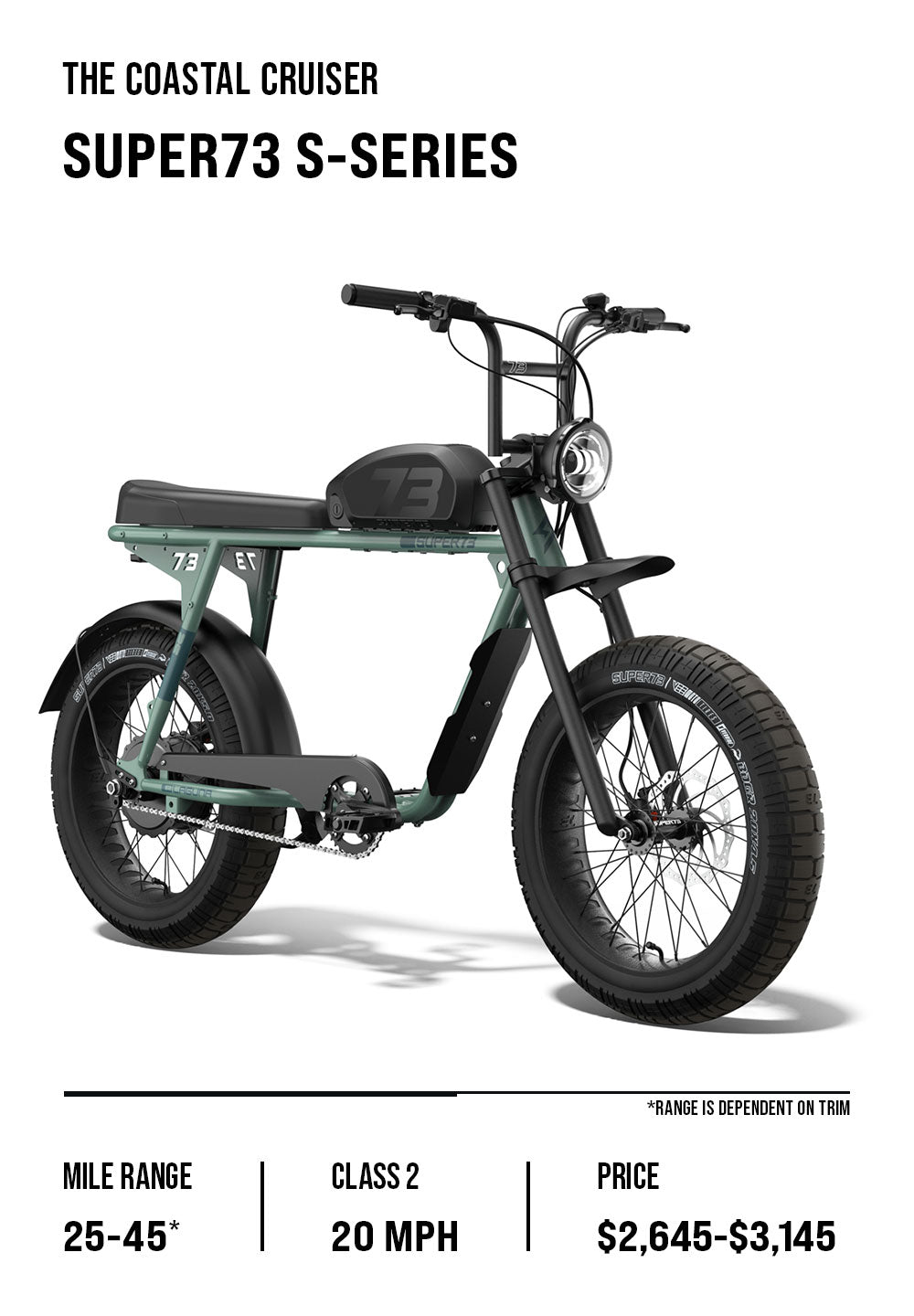 S-Series overview graphic which lists details including price range, top speed, and battery range. Featuring the S2 Laguna in Agave Green.