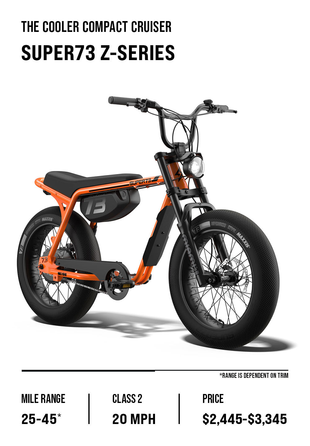 Z-Series overview graphic which lists details including price range, top speed, and battery range. Featuring the Z Miami SE in Astro Orange