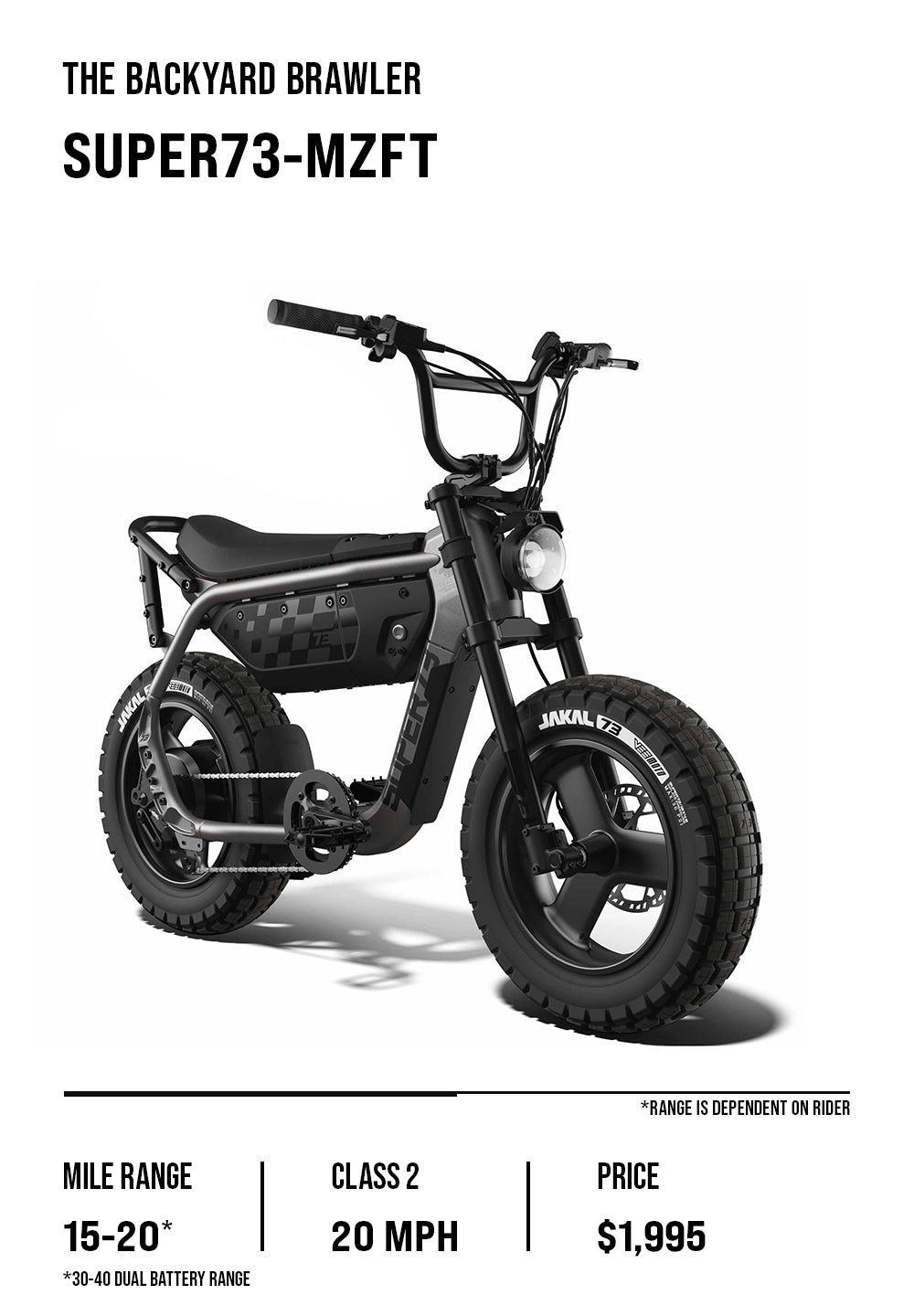 MZFT overview graphic which lists details including price range, top speed, and battery range. Featuring the MZFT in Titanium Ore