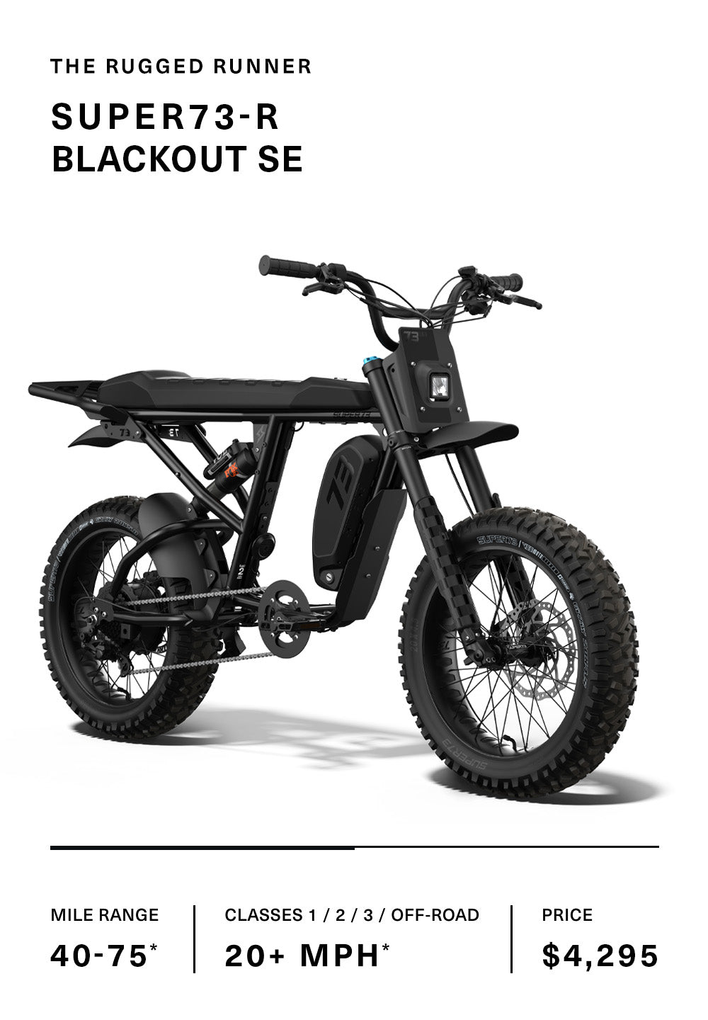 Image of the SUPER73-R Blackout SE bike with specs.