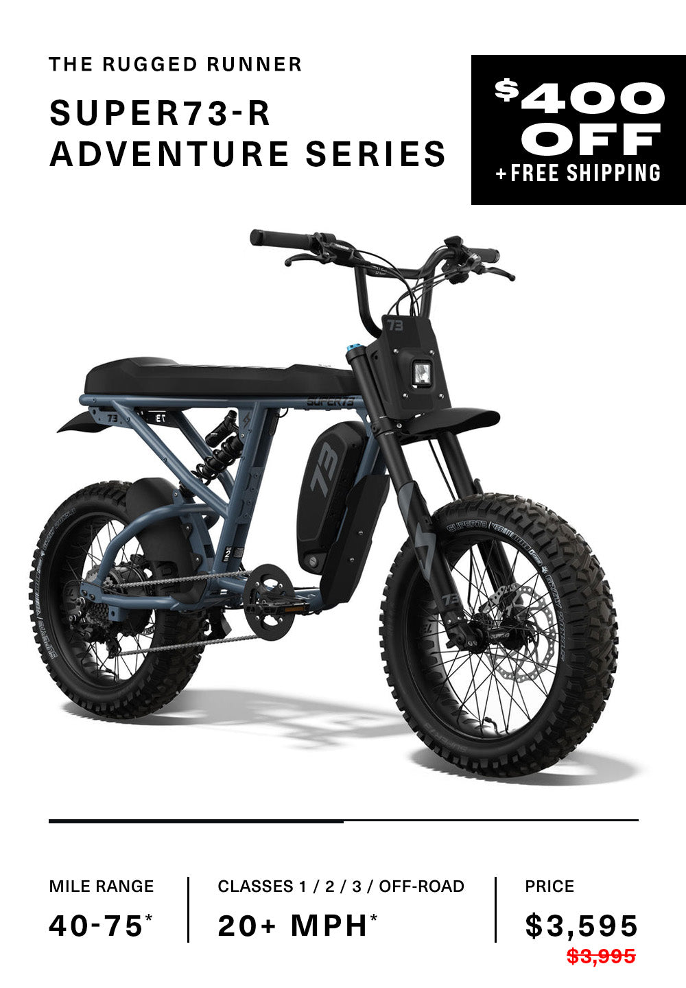 Promotion image showing SUPER73-R Adventure in Panthro Blue at $400 off with free shipping