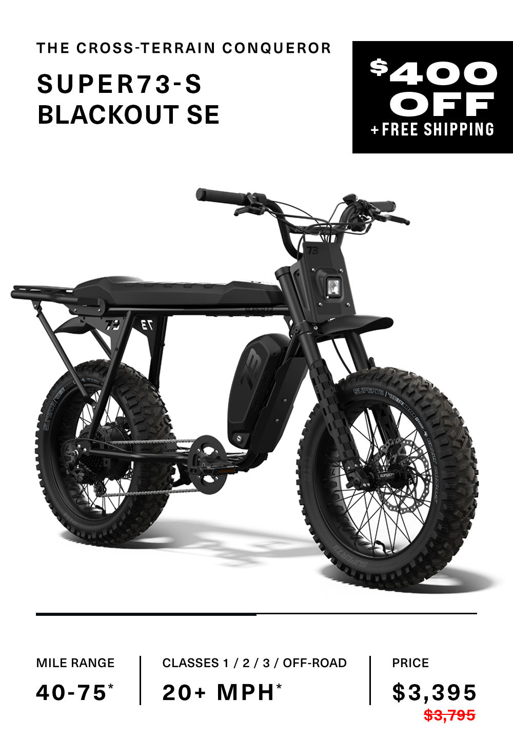 Promotional image showing the S Blackout bike at $400 off with free shipping